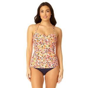 ANNE COLE Twist Front Bandeau Tankini Swim Floral Bathing Suit Top NWT XS
